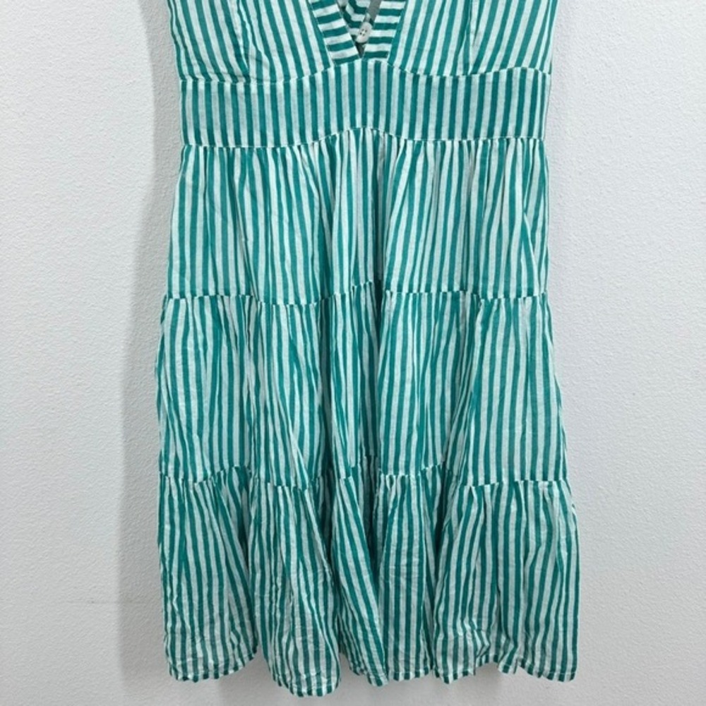 Oliphant Green Striped Mini Dress V Neck Ruffle Sleeve Tiered Cotton Summer - Picture 3 of 9